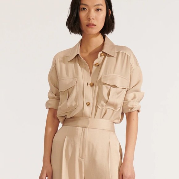 Veronica Beard M Luxe Crepe Button Down Blouse Long Sleeve Shirt Sand size 6 - Picture 2 of 16